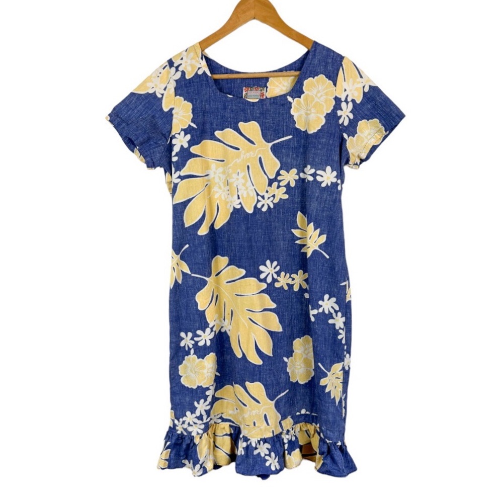 Reyn Spooner Commemorative Classics Palm Print Chambray Ruffle Hem Dress Medium